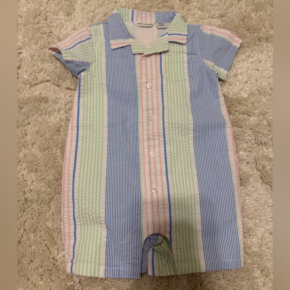 Janie and Jack Boys 6-12m Pastel Seersucker Romper NWT